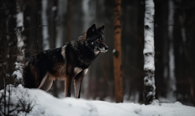 Il lupo nero guarda da un lato e si trova sullo sfondo di una foresta innevata Foto sfocata dalla foresta invernale con l'attenzione sul predatore Ritratto di un cane nero