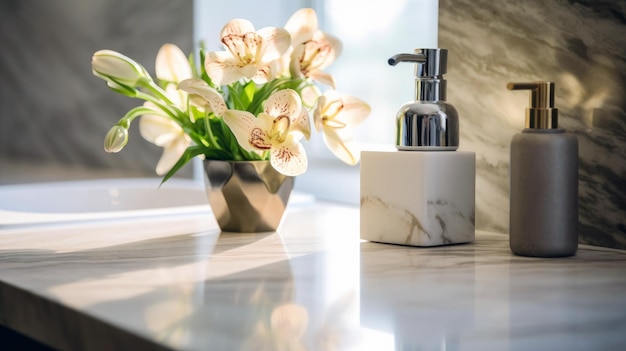 Il lusso moderno nel design interno del bagno che enfatizza un tavolo di vanità