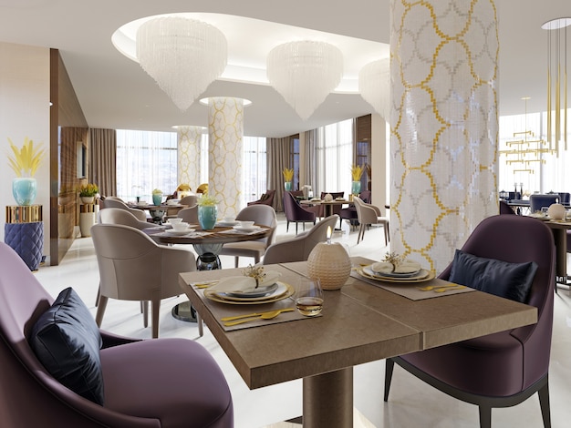 Il lussuoso ristorante dell'hotel presenta interni dal design moderno, morbide poltrone e tavoli serviti. rendering 3d