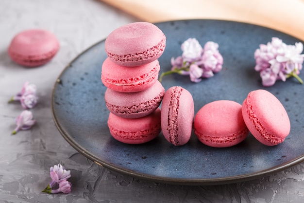 Il macaron o il maccherone porpora e rosa agglutina sul piatto ceramico blu su fondo concreto grigio.