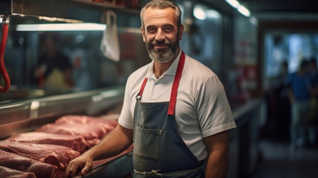 Il macellaio trasmette un lavoro ben fatto un sorriso soddisfatto un'area pulita organizzata