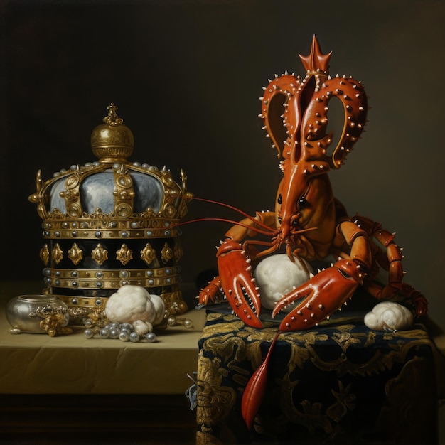 Il maestoso aragoste crostaceo regna supremo adornato con i gioielli della corona reale nel Pieter Claesz