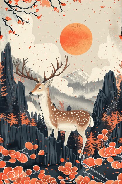 Il maestoso cervo nella mistica illustrazione della foresta d'autunno
