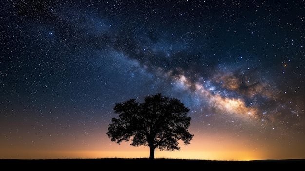Il maestoso cielo notturno con la galassia della Via Lattea che si arca su un albero solitario in un campo aperto