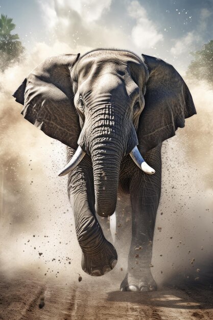 Il maestoso elefante thailandese in azione, animale selvatico isolato e mammifero da safari con il tronco selvaggio in bianco