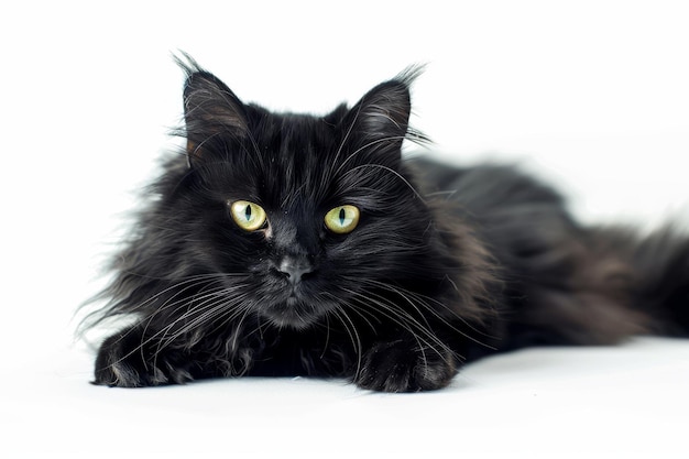 Il maestoso gatto nero peloso isolato su uno sfondo trasparente
