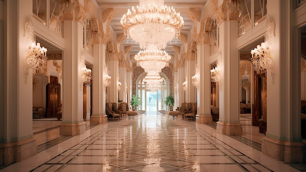 Il maestoso ingresso di un hotel sontuoso con lampadari di cristallo e pavimenti in marmo IA generativa