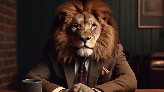 Il maestoso leone di Generative AI seduto per una foto con giacca e cravatta