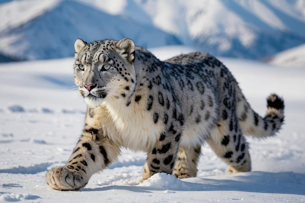 Il maestoso leopardo delle nevi in un paesaggio invernale