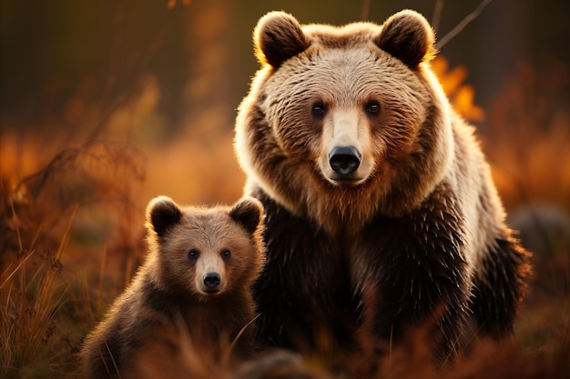 Il maestoso orso grande guarda protettivo al carino cucciolo di orso nel suo habitat naturale