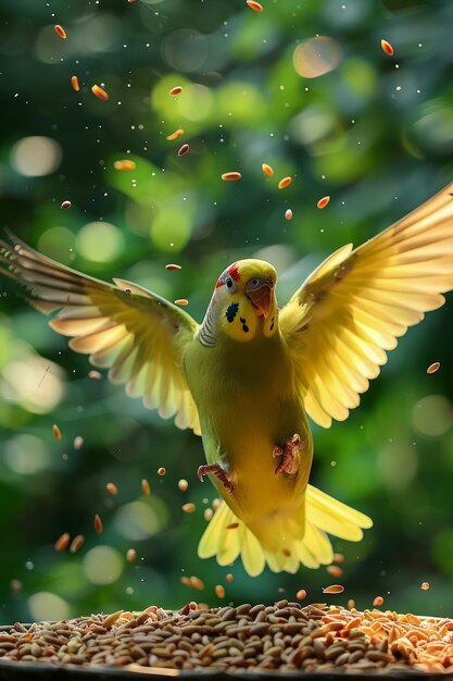 Il maestoso pappagallo in volo con la luce del sole dietro piume vibranti e semi che battono le ali