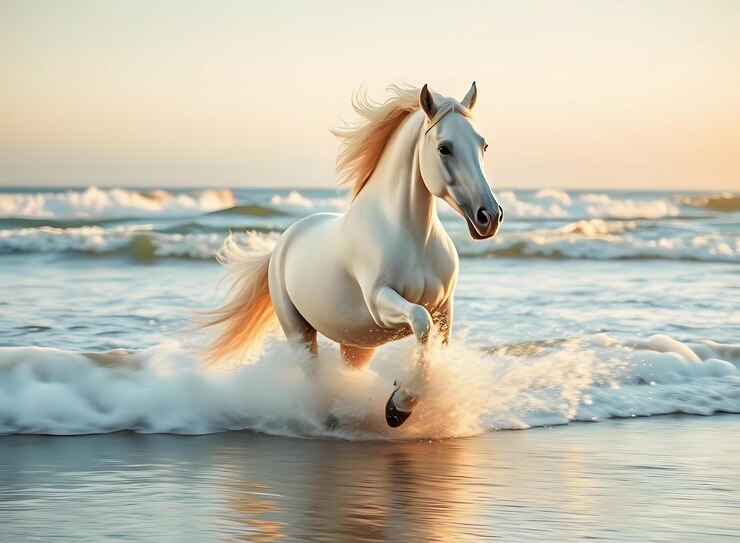 Foto il maestoso unicorno bianco che carica con la criniera che scorre
