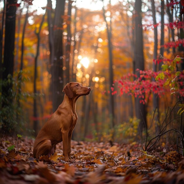 Il maestoso Vizsla seduto in pace in una foresta lussureggiante