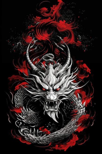 Il maestoso Yujin che scatena il drago dio del Giappone su un poster a sfondo nero 8K disegnato a mano