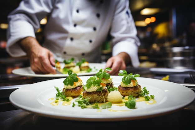 Il maestro chef cucina l'uomo che cucina con precisione il condimento preparando gustosi piatti freschi e deliziosi