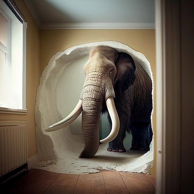 Il mammut entra nell'appartamento attraverso un buco nel muro, illustrazione insolita di fantascienza fantasy