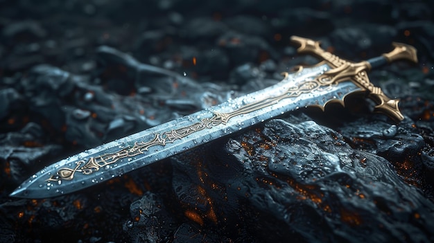 Il manico di una potente spada barbara è decorato con ornamenti in 3D