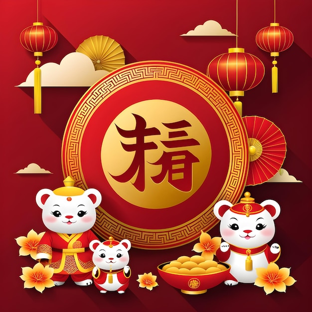 Il manifesto della celebrazione del Capodanno cinese è pieno di colori vivaci, disegni e simboli intricati
