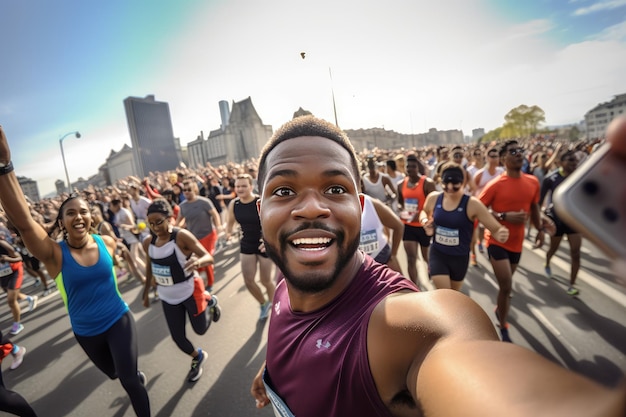 il maratoneta maschio nero sta prendendo un selfie mentre corre