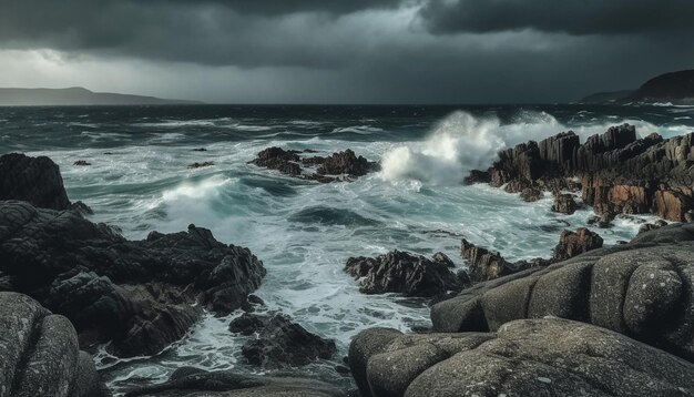 Il mare agitato si infrange contro la scogliera rocciosa sotto un drammatico cielo notturno generato dall'intelligenza artificiale