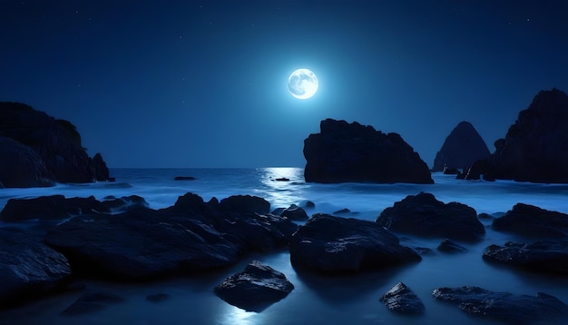 Il mare luminoso sicuro con la bellezza delle rocce a mezzanotte