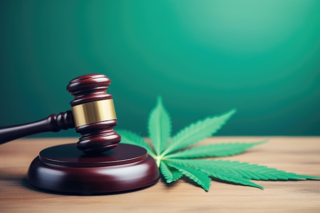 Il martelletto di un giudice seduto su un tavolo di legno con foglie di marijuana Legalizzazione della cannabis