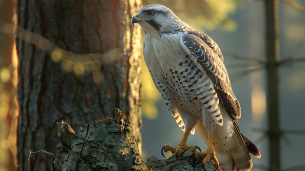 Il maschio maestoso del North Goshawk appoggiato su un albero nella foresta di pini e querce al tramonto