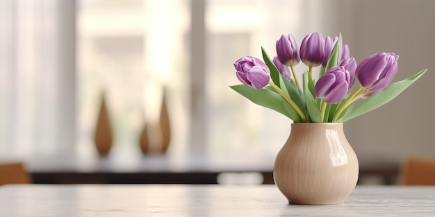 Il mazzo dei bei tulipani porpora fiorisce in vaso di marmo bianco sulla tavola bianca