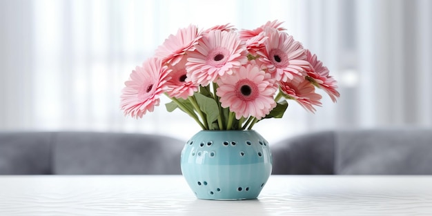 Il mazzo delle margherite rosa di Garbera fiorisce nel colore blu del vaso sulla tavola bianca