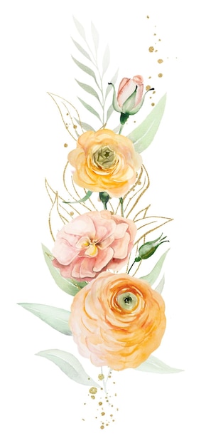 Il mazzo fatto dei fiori dell'acquerello arancioni e gialli e delle foglie verdi ha isolato l'illustrazione di nozze