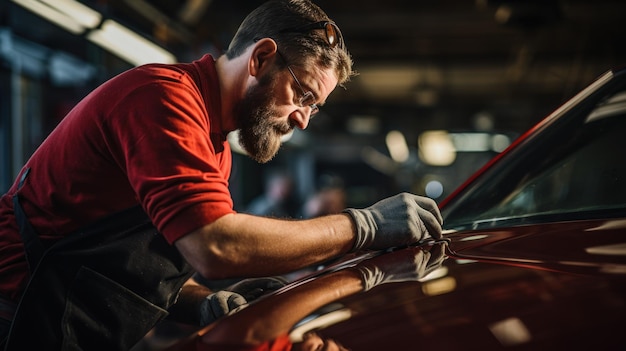 Il meccanico maestro lucida l'auto rossa con la serie di dettagli di lucidatura