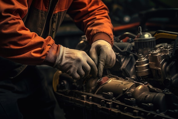 Il meccanico sta usando la mano per misurare il livello dell'olio del motore in linea con i requisiti di