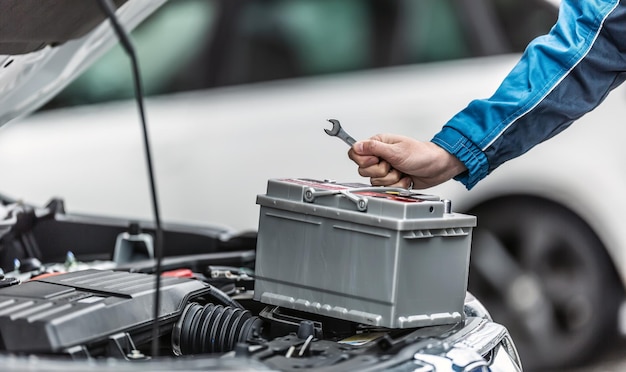 Il meccanico tiene la chiave sulla batteria dell'auto con il bagagliaio del motore aperto.