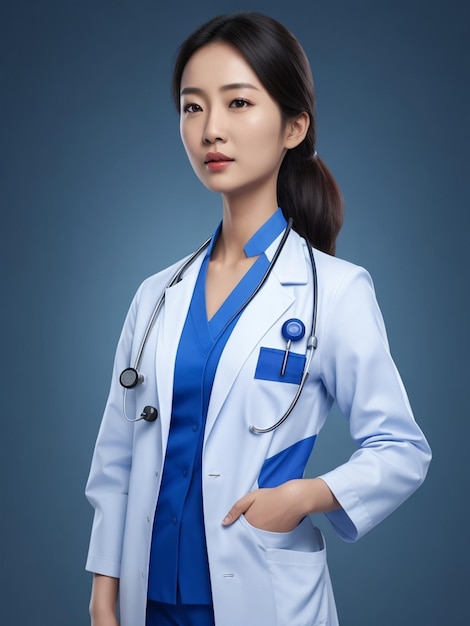 Il medico asiatico delle belle donne indossa l'uniforme del medico di colore blu