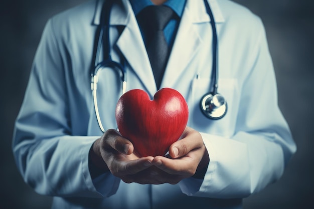 Il medico cardiologo tiene in mano il cuore rosso con la Giornata mondiale del cuore panoramica e la Giornata mondiale della salute