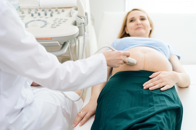 Il medico femminile esamina l'addome della pancia della giovane donna incinta sdraiata. Concetto di gravidanza felice e sana.
