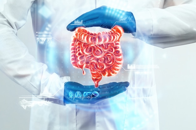 Il medico guarda l'ologramma dell'intestino, controlla il risultato del test sull'interfaccia virtuale e analizza i dati. Ulcera, chirurgia, tecnologie innovative, medicina del futuro.