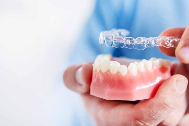 Il medico mette allineatori trasparenti sui denti di una mascella artificiale da vicino
