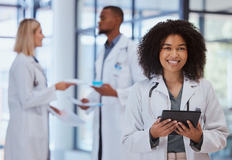 Foto il medico sanitario della donna di colore con il tablet per la ricerca nella leadership dell'ospedale medico aiuta e si fida di una farmacista africana con i dati della tecnologia digitale di internet per i risultati dell'analisi della medicina