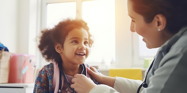 Il medico sorridente controlla i polmoni di un bambino durante una visita medica in una clinica soleggiata