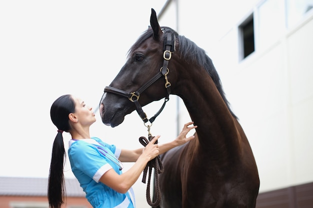 Il medico veterinario esegue l'esame fisico del collo del cavallo