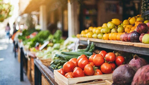 Il mercato di strada mostra prodotti freschi e colorati in un piccolo negozio locale che cattura l'essenza del comm