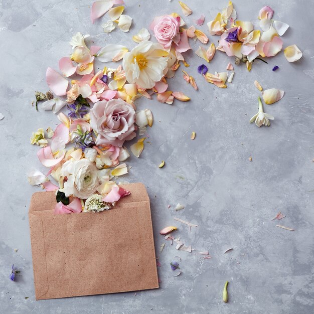 Il messaggio nella lettera. bella cornice multicolore di fiori primaverili su sfondo blu, piatto disteso.