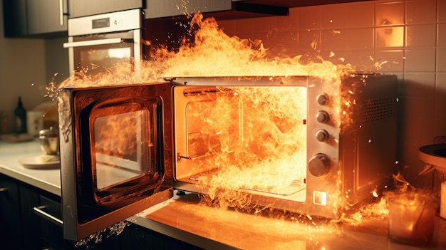 Il microonde ha preso fuoco in cucina.