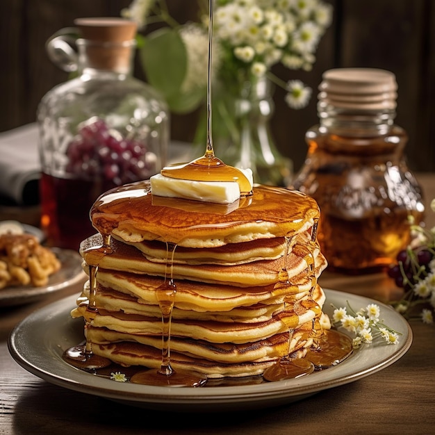 Il miele goccia su una pila di pancake in un piatto su un tavolo di legno sullo sfondo sfocato