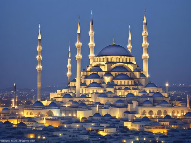 Il minareto illuminato simboleggia la spiritualità nella famosa Moschea Blu ai generata