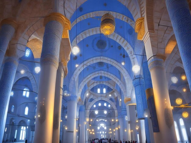 Il minareto illuminato simboleggia la spiritualità nella famosa Moschea Blu ai generata