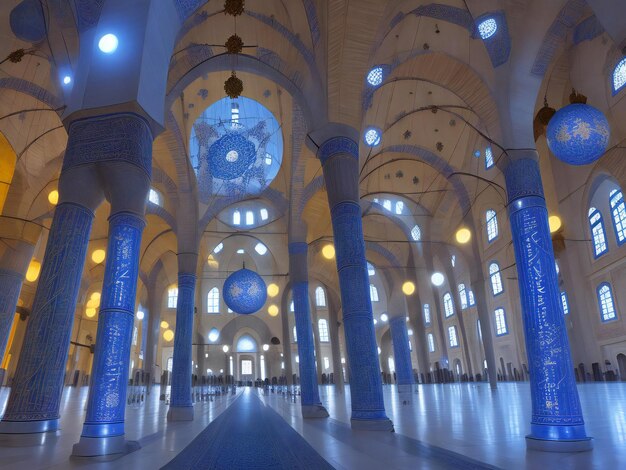 Il minareto illuminato simboleggia la spiritualità nella famosa Moschea Blu ai generata