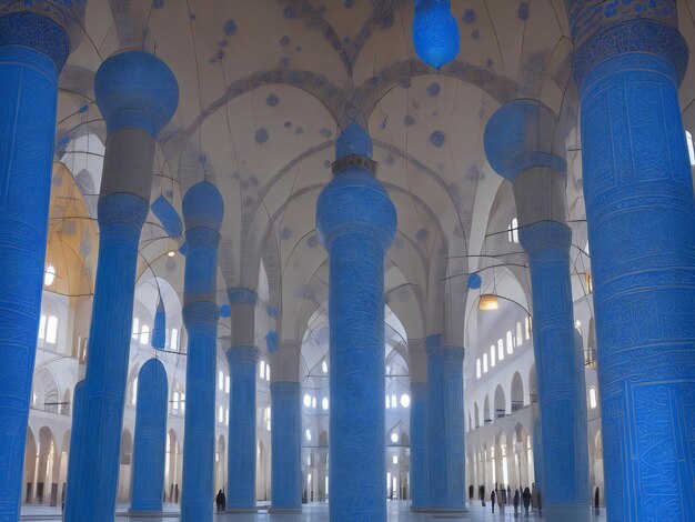 Il minareto illuminato simboleggia la spiritualità nella famosa Moschea Blu ai generata