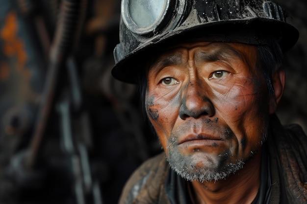 Il minatore asiatico ha la faccia sporca.